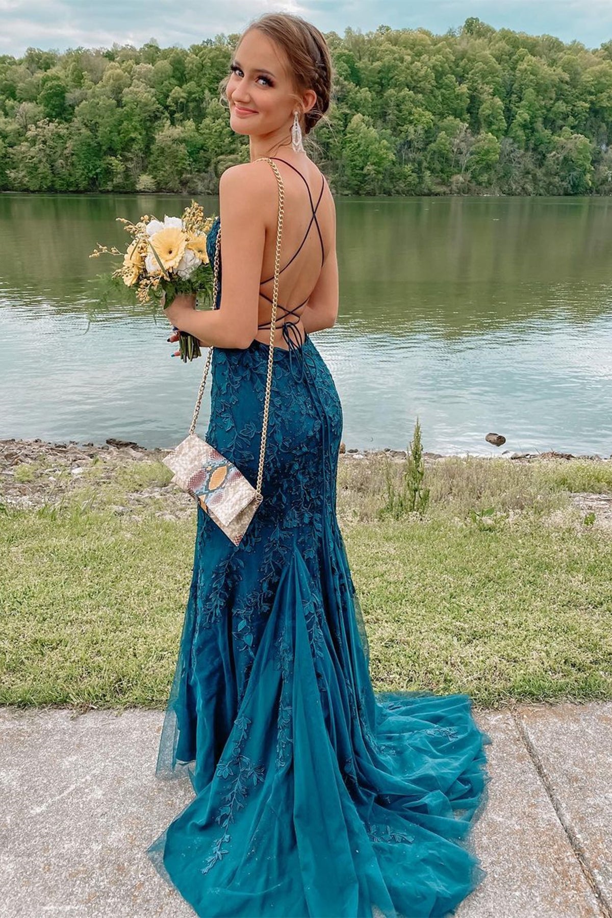 Mermaid Backless Blue Tulle Lace Long Prom Dresses, Blue Lace Formal D Eip Collection Mermaid Backless Blue Tulle Lace Long Prom Dresses, Blue Lace Formal D Eip Collection