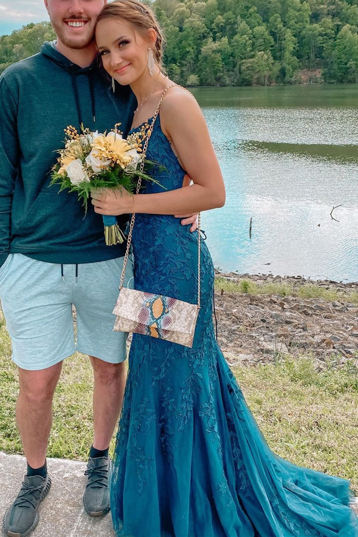 Mermaid Backless Blue Tulle Lace Long Prom Dresses, Blue Lace Formal D –  Eip Collection