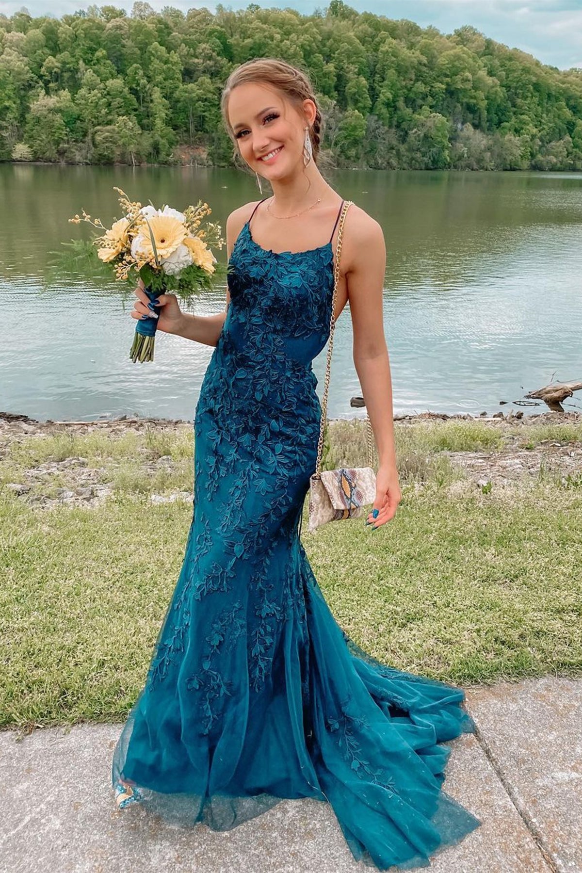 Mermaid Backless Blue Tulle Lace Long Prom Dresses, Blue Lace Formal Dresses, Mermaid Blue Evening Dresses EP1727