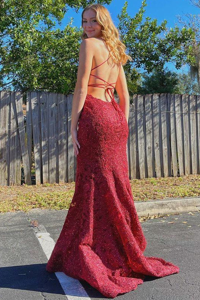 Mermaid Backless Burgundy Lace Long Prom Dresses, Burgundy Lace Formal Eip Collection Mermaid Backless Burgundy Lace Long Prom Dresses, Burgundy Lace Formal Eip Collection