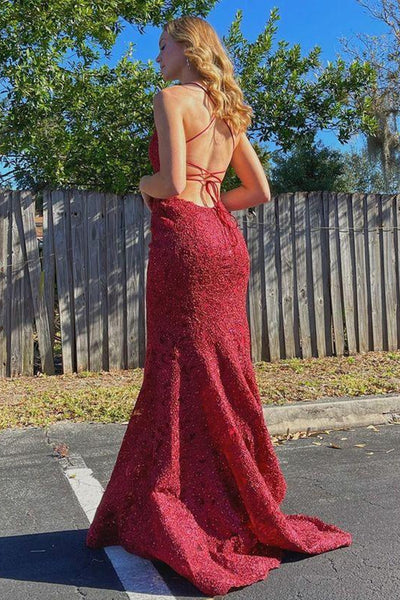 Mermaid Backless Burgundy Lace Long Prom Dresses, Burgundy Lace Formal Dresses, Burgundy Evening Dresses EP1577