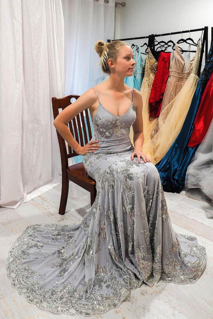 Mermaid Backless Gray Lace Long Prom Dresses, Mermaid Gray Formal Grad Eip Collection Mermaid Backless Gray Lace Long Prom Dresses, Mermaid Gray Formal Grad Eip Collection