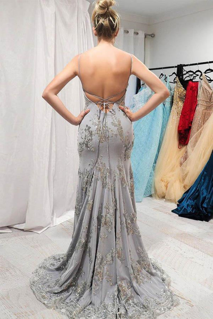 Mermaid Backless Gray Lace Long Prom Dresses, Mermaid Gray Formal Grad Eip Collection Mermaid Backless Gray Lace Long Prom Dresses, Mermaid Gray Formal Grad Eip Collection