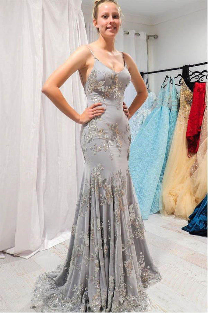 Mermaid Backless Gray Lace Long Prom Dresses, Mermaid Gray Formal Grad Eip Collection Mermaid Backless Gray Lace Long Prom Dresses, Mermaid Gray Formal Grad Eip Collection