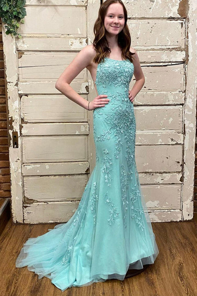 Mermaid Backless Green Tulle Lace Long Prom Dresses, Mermaid Green For Eip Collection Mermaid Backless Green Tulle Lace Long Prom Dresses, Mermaid Green For Eip Collection
