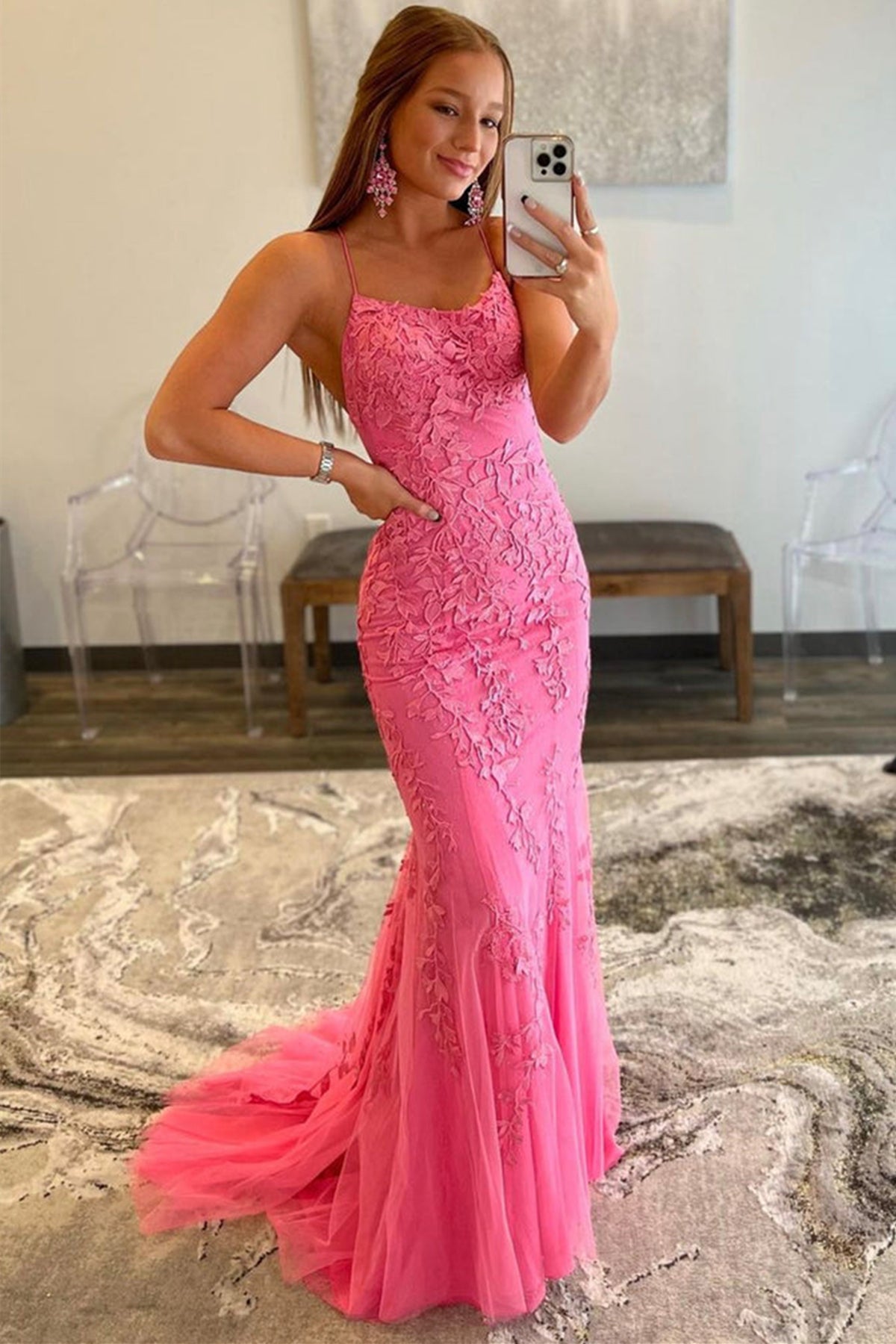 Mermaid Backless Hot Pink Lace Long Prom Dresses, Mermaid Hot Pink Formal Dresses, Hot Pink Lace Evening Dresses EP1693