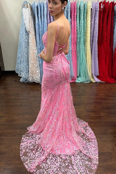 Mermaid Backless Pink Tulle Lace Long Prom Dresses, Mermaid Pink Formal Dresses, Pink Lace Evening Dresses EP1762