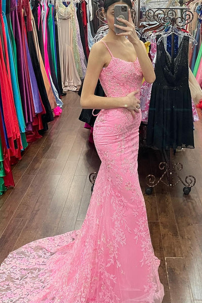 Mermaid Backless Pink Tulle Lace Long Prom Dresses, Mermaid Pink Formal Dresses, Pink Lace Evening Dresses EP1762