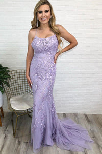 Mermaid Backless Purple Lace Long Prom Dresses, Mermaid Purple Formal Dresses, Purple Lace Evening Dresses EP1419