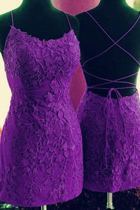 Mermaid Backless Purple Lace Prom Dresses, Mermaid Purple Homecoming Dresses, Short Purple Lace Formal Evening Dresses EP1434