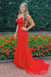Mermaid Backless Red Lace Long Prom Dresses with Train, Red Lace Formal Dresses, Mermaid Red Evening Dresses EP1721