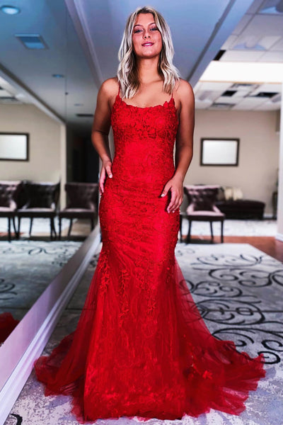 Mermaid Backless Red Lace Tulle Long Prom Dresses, Mermaid Red Formal Dresses, Red Lace Evening Dresses EP1809