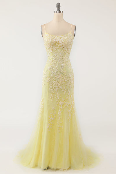Mermaid Backless Yellow Lace Long Prom Dresses, Mermaid Yellow Formal Dresses, Yellow Lace Evening Dresses EP1891