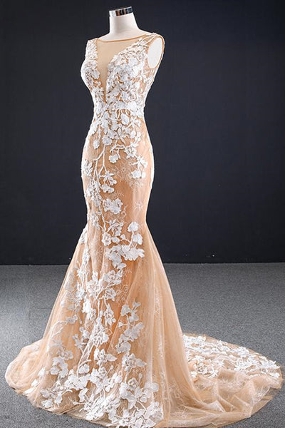 Mermaid Open Back Champagne Lace Long Prom Dresses, Champagne Lace Formal Dresses, Champagne Evening Dresses EP1354
