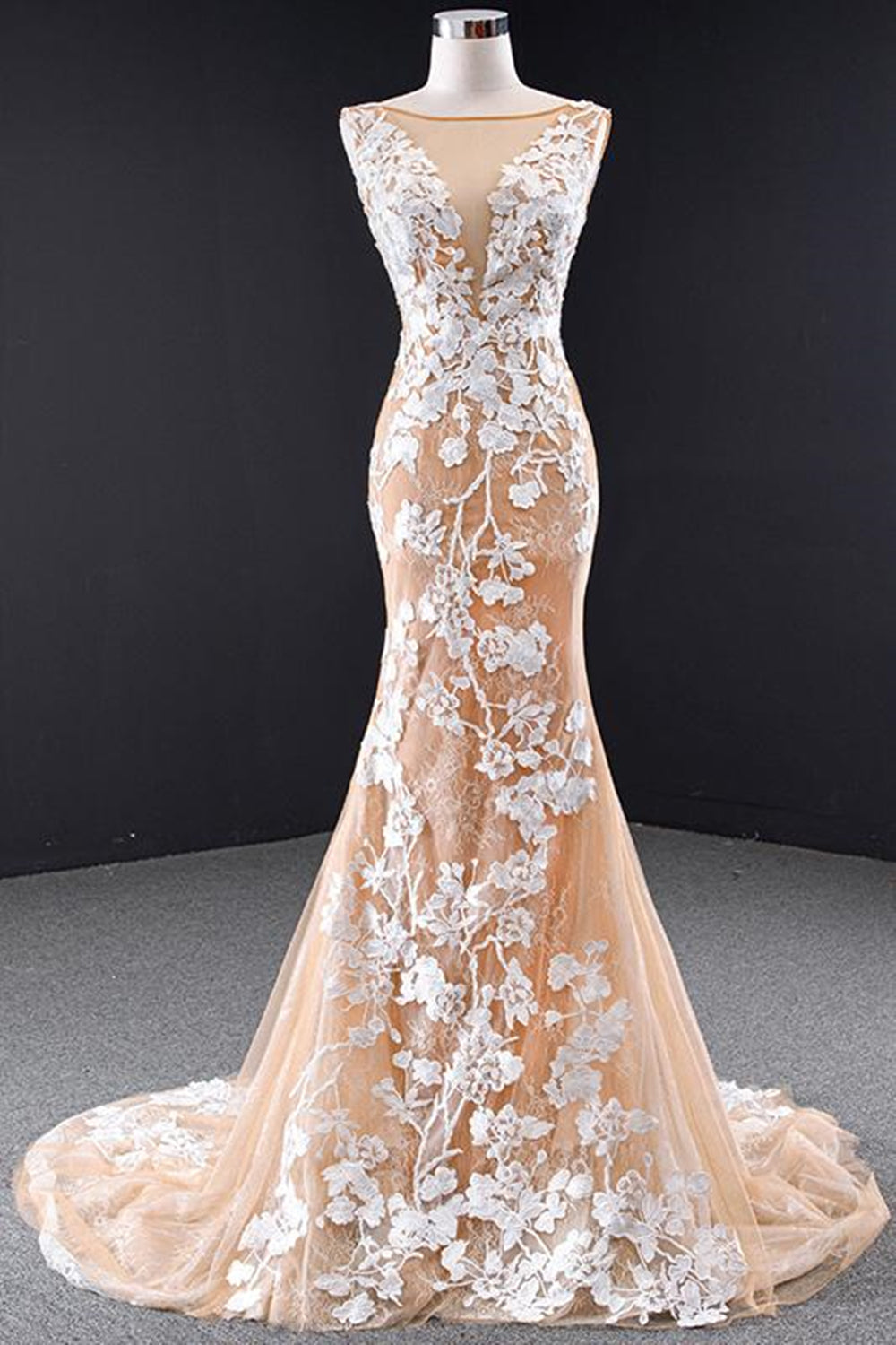 Mermaid Open Back Champagne Lace Long Prom Dresses, Champagne Lace Formal Dresses, Champagne Evening Dresses EP1354