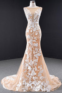 Mermaid Open Back Champagne Lace Long Prom Dresses, Champagne Lace Formal Dresses, Champagne Evening Dresses EP1354