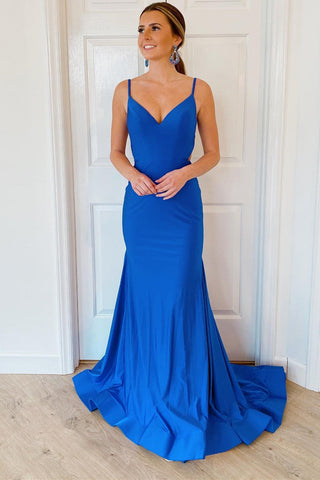 Mermaid Open Back V Neck Blue Long Prom Dresses, Blue Mermaid Formal Dresses, V Neck Blue Evening Dresses EP1897