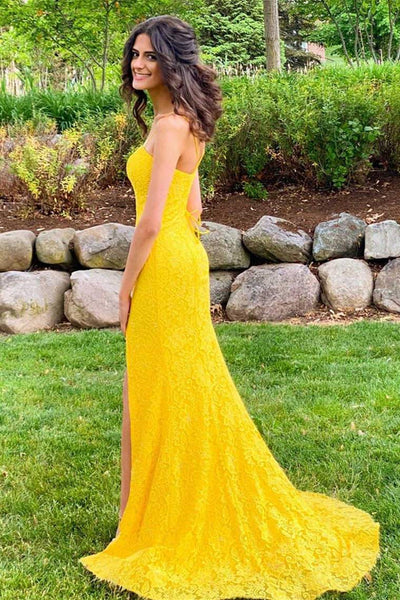 Mermaid Open Back Yellow Lace Long Prom Dresses with Slit, Mermaid Yellow Formal Dresses, Yellow Lace Evening Dresses EP1489