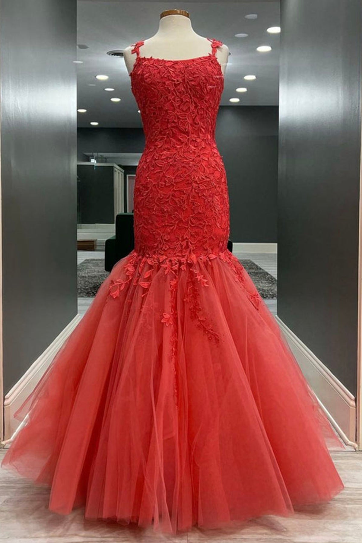 Mermaid Red Tulle Lace Long Prom Dresses, Mermaid Red Formal Dresses, Red Lace Evening Dresses EP1751