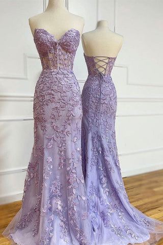 Mermaid Strapless Purple Lace Long Prom Dresses, Purple Lace Formal Dresses, Mermaid Purple Evening Dresses EP1734