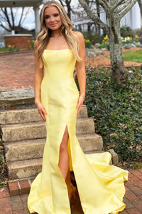 Mermaid Strapless Yellow Sating Long Prom Dresses with Slit, Mermaid Yellow Formal Dresses, Yellow Evening Dresses EP1342