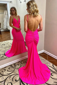 Mermaid V Neck Backless Hot Pink Long Prom Dresses, Mermaid Hot Pink Formal Dresses, Hot Pink Evening Dresses