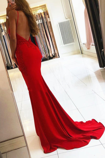 Mermaid V Neck Backless Red Lace Long Prom Dresses, Red Lace Beaded Formal Dresses, Mermaid Red Evening Dresses