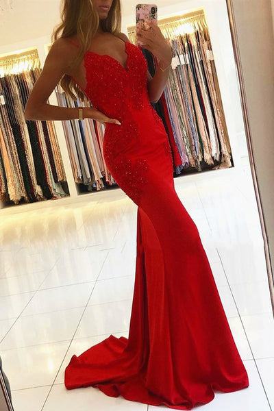 Mermaid V Neck Backless Red Lace Long Prom Dresses, Red Lace Beaded Formal Dresses, Mermaid Red Evening Dresses