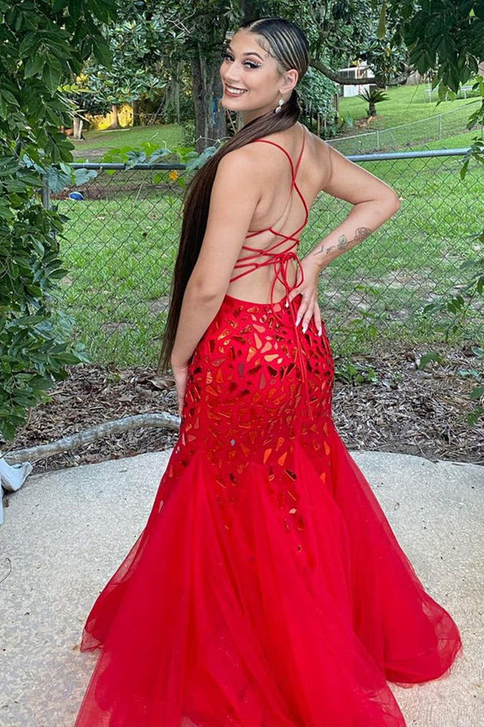 Mermaid V Neck Backless Red Sequins Tulle Long Prom Dresses, Mermaid R Eip Collection Mermaid V Neck Backless Red Sequins Tulle Long Prom Dresses, Mermaid R Eip Collection