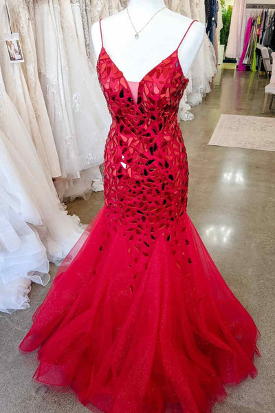 Mermaid V Neck Backless Red Sequins Tulle Long Prom Dresses, Mermaid Red Formal Dresses, Red Tulle Evening Dresses EP1849