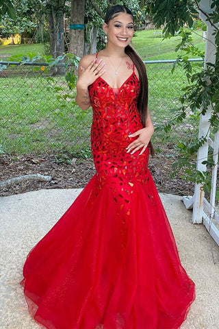 Mermaid V Neck Backless Red Sequins Tulle Long Prom Dresses, Mermaid Red Formal Dresses, Red Tulle Evening Dresses EP1849