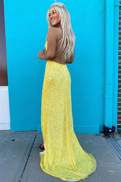 Mermaid V Neck Backless Yellow Sequins Prom Dresses, Mermaid Yellow Formal Dresses, Yellow Evening Dresses EP1543
