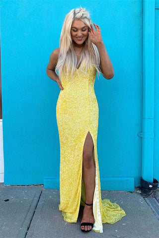 Mermaid V Neck Backless Yellow Sequins Prom Dresses, Mermaid Yellow Formal Dresses, Yellow Evening Dresses EP1543
