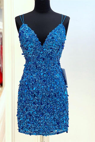 Mermaid V Neck Blue Sequins Short Prom Dresses, Mermaid Blue Homecoming Dresses, Blue Formal Evening Dresses EP1387