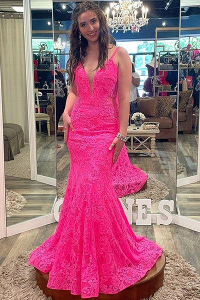 Mermaid V Neck Hot Pink Lace Long Prom Dresses, Hot Pink Mermaid Formal Dresses, Hot Pink Lace Evening Dresses EP1829