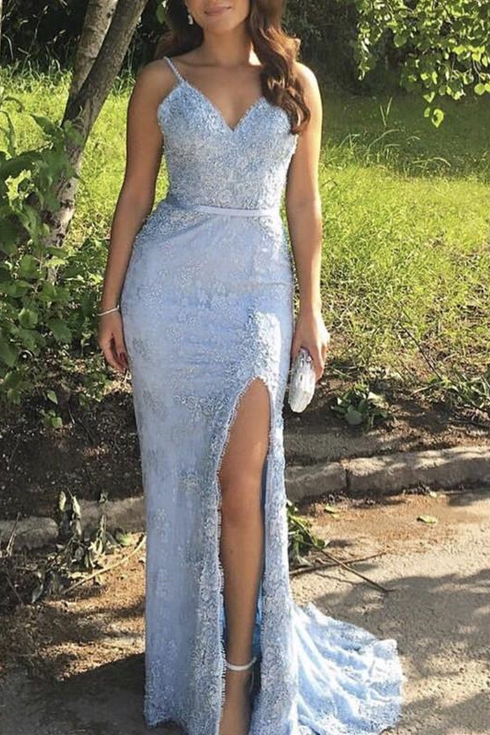 Mermaid V Neck Light Blue Lace Long Prom Dresses, Light Blue Lace Formal Dresses, Mermaid Light Blue Evening Dresses EP1627