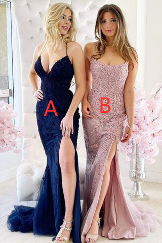 Mermaid V Neck Navy Blue Lace Long Prom Dresses, High Slit Pink Lace Formal Dresses, Lace Evening Dresses EP1673