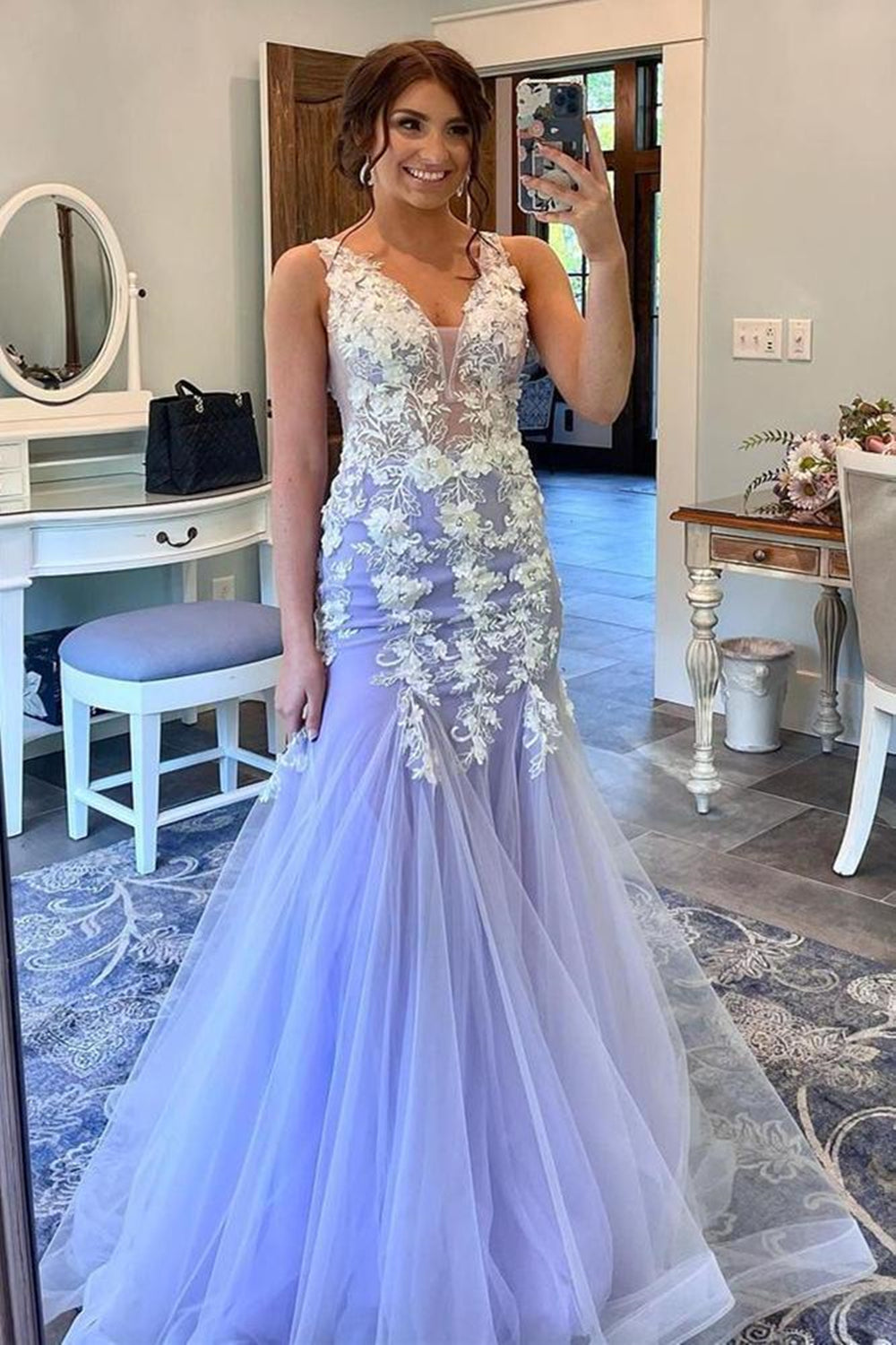Mermaid V Neck Open Back Purple Long Prom Dresses with Lace Appliques, Mermaid Purple Lace Formal Evening Dresses EP1495