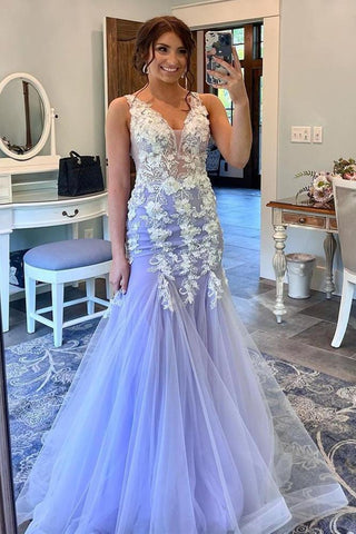 Mermaid V Neck Open Back Purple Long Prom Dresses with Lace Appliques, Mermaid Purple Lace Formal Evening Dresses EP1495