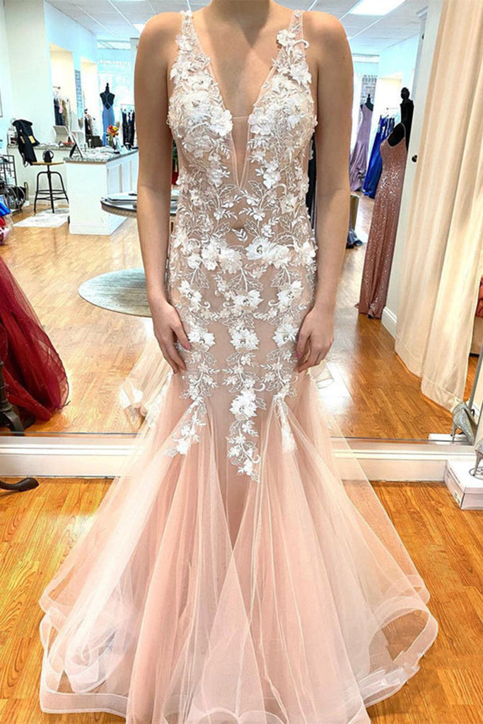 Pink Lace Prom Dresses, Mermaid Long Prom Dresses, Pretty Prom Dresses,DS4083