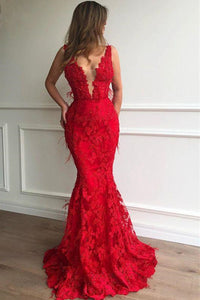 Mermaid V Neck Red Lace Long Prom Dresses, Mermaid Red Formal Dresses, Red Lace Evening Dresses EP1480