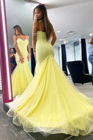 Mermaid Yellow Tulle Lace Long Prom Dresses, Mermaid Yellow Formal Dresses, Yellow Lace Evening Dresses EP1739