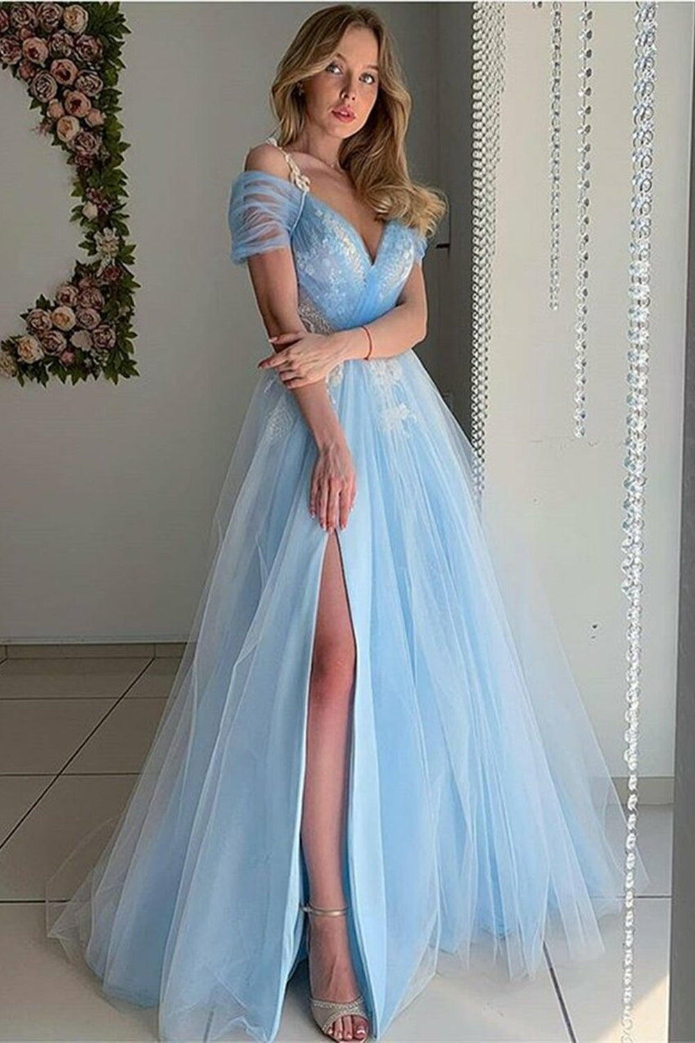 Off Shoulder Light Blue Tulle Long Prom Dresses with High Slit, Light Blue  Tulle Formal Graduation Evening Dresses SP2761