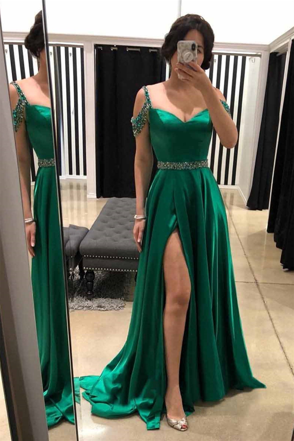 Off Shoulder Beaded Green Satin Long Prom Dresses with High Slit, Off Eip Collection Off Shoulder Beaded Green Satin Long Prom Dresses with High Slit, Off Eip Collection