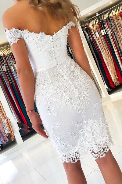 Off Shoulder Mermaid Beaded Short White Lace Prom Dresses, Off The Shoulder Short White Lace Formal Evening Homecoming Dresses