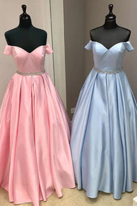 Off Shoulder Blue Long Prom Dresses with Belt, Pink Formal Dresses, Blue Evening Dresses EP1585