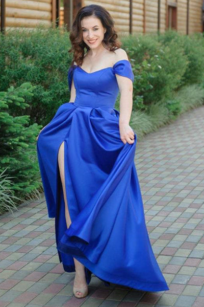 Off Shoulder Blue Satin Long Prom Dresses with Slit, Off the Shoulder Blue Formal Graduation Evening Dresses EP1482