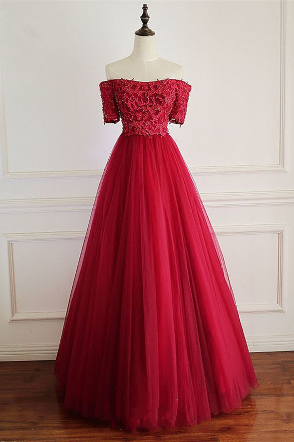 Off Shoulder Burgundy Lace Long Prom Dresses, Burgundy Lace Formal Dresses, Burgundy Evening Dresses EP1634