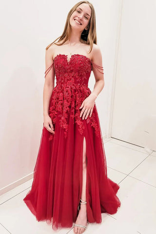 Off Shoulder Burgundy Tulle Lace Long Prom Dresses with High Slit, Burgundy Lace Formal Dresses, Burgundy Evening Dresses EP1764