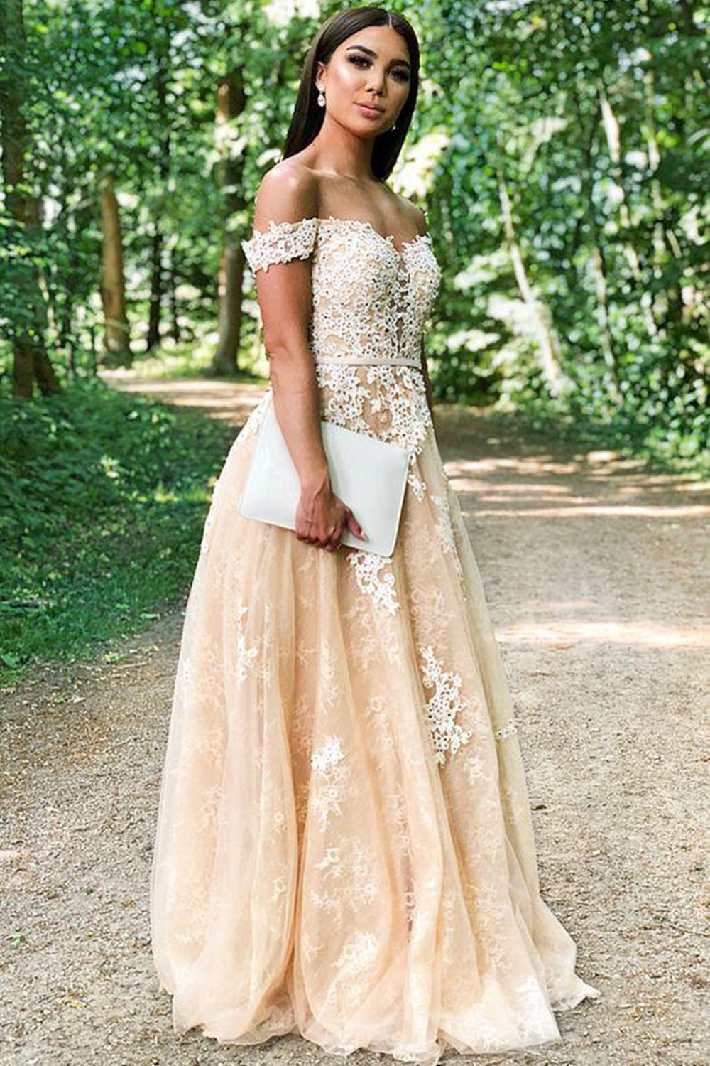Off Shoulder Champagne Lace Long Prom Dresses, Champagne Lace Formal Dresses, Champagne Evening Dresses EP1396